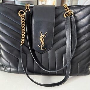 Yves Saint Laurent Black Chevron Shoulder Bag with Gold Chain